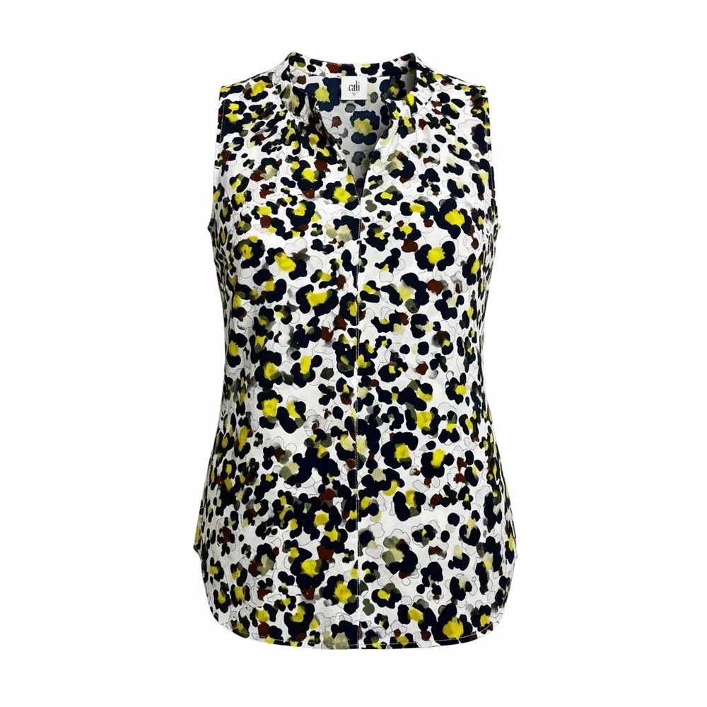 Cabi Small Sleeveless Blouse Navy Yellow Abstract Floral Split Neck Top